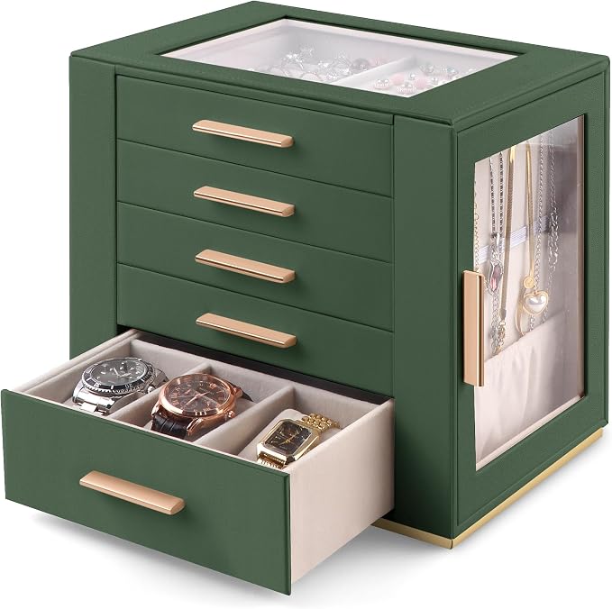 Homeanda Jewelry Box for Women with Glass Lid, 5 Drawers Jewelry Organizer and Storage for Necklaces, Rings, Earrings, Bracelets, Gift for Girls and Teens,PU Leather (Green)