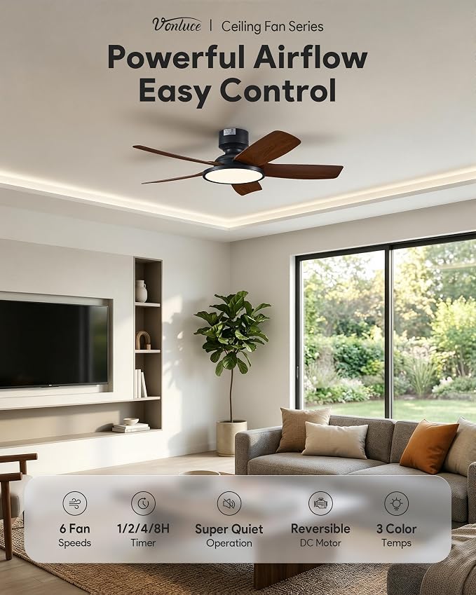 VONLUCE 42 Inch Ceiling Fan with Lights, Quick Install Ceiling Fan and Remote, 6-Speeds Noiseless Reversible DC Motor, 3CCT, Modern Ceiling Fan for Bedroom Living Room Kitchen, Dark Wood Grain