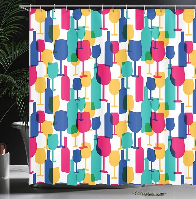 Ambesonne Winery Shower Curtain, Colorful Silhouettes of Cocktail Glasses and Wine Bottles Pattern Bar Party Alcohol Drinks, Cloth Fabric Bathroom Decor Set with Hooks, 69" W x 84" L, Magenta Navy