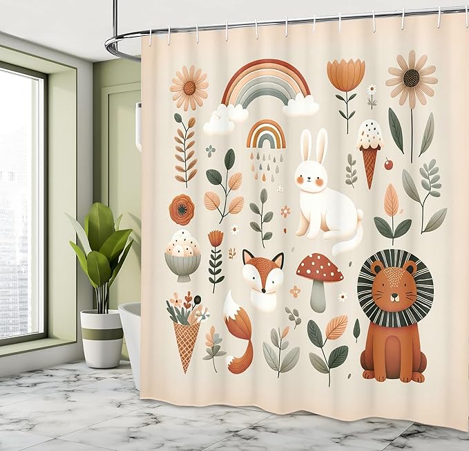 Ambesonne Jungle Shower Curtain, Happy Cartoon Lion Rabbit Fox Characters with Mushroom Rainbow Flowery, Cloth Fabric Bathroom Decor Set with Hooks, 69" W x 84" L, Cinnamon and Eggshell