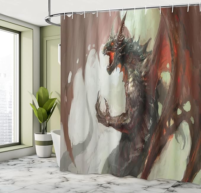 Ambesonne Medieval Shower Curtain, Scary Ilustration of a Mythological Creature Fantasy World Dragon Imaginary Culture Horror Concept, Fabric Bathroom Decor Set with Hooks, 69" W x 75" L, Red Brown