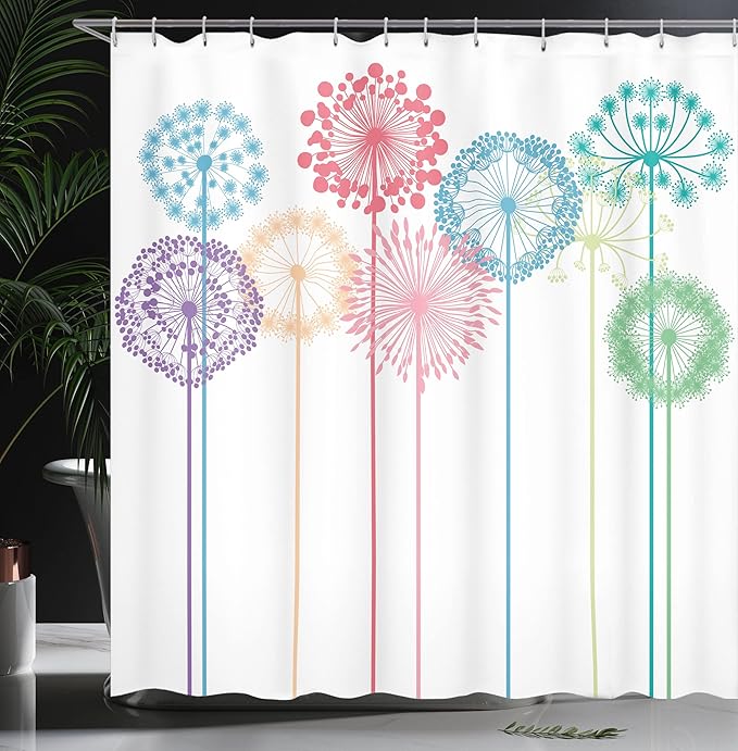 Ambesonne Floral Shower Curtain, Flower Inspired Artwork Colorful Dandelions on White Background Illustration Print, Cloth Fabric Bathroom Decor Set with Hooks, 69" W x 84" L, Dark Indigo