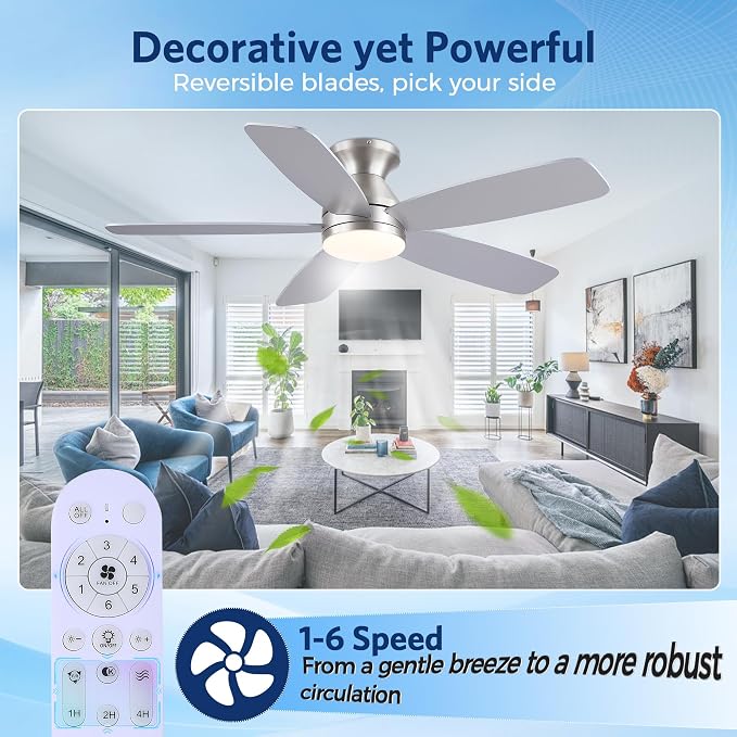 JSAITEE Flush Mount Low Profile Ceiling Fan, 48in Modern Ceiling Fan with Remote, 1/2/4 Timer, 5 Blades Reversible, 3CCT LED Dimming, Indoor Fan for Bedroom, Kitchen - Nickel