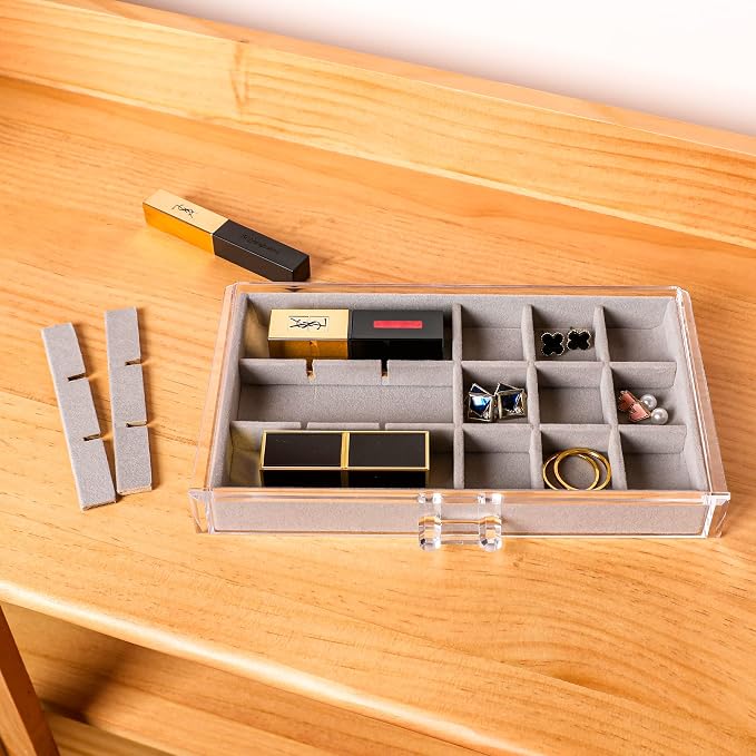 Frebeauty Acrylic Jewelry Organizer Earring Organizer Box with 5 Drawers Earring Holder Organizer with Velvet Trays Clear Jewelry Box for Women Earring Display for Rings Studs(Grey) | 61 Jewelry Storage Grid for Rings Studs Bracelet,Velvet Lining,Trans...