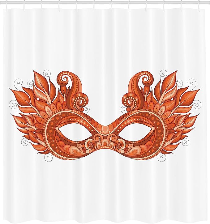 Ambesonne Masquerade Shower Curtain, Ornate Mardi Gras Carnival with Feathers Festival Celebration Theme Artwork, Cloth Fabric Bathroom Decor Set with Hooks, 69" W x 70" L, Orange