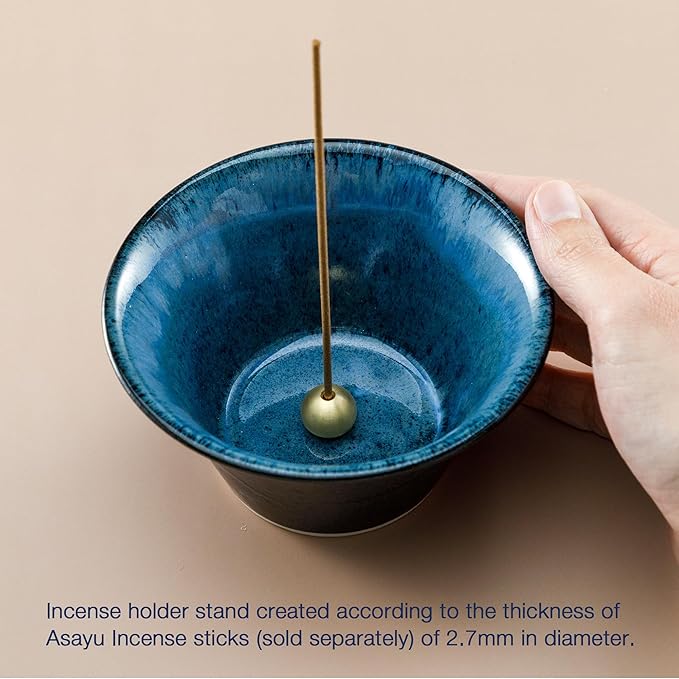 Asayu Japanese Incense Holder for Sticks 4.1 inch (105mm), Traditional Made in Japan Ceramic Ash Catcher and Brass Incense Burner Set - Black and Blue Cone
