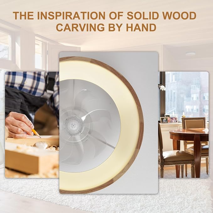 24" Solid Wood Low Profile Ceiling Fan with Light and Remote/APP | Reversible Quiet DC Flush Mount Fan Light,6 Speed Dimmable 3 Color Temperature for Bedroom Kidsroom Dining Room