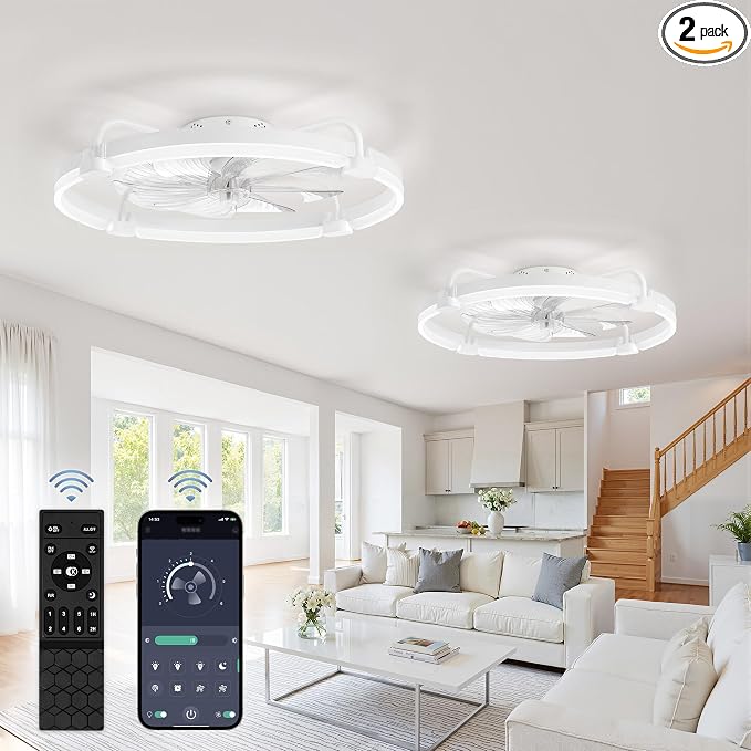 LEDIARY 2 Pack Ceiling Fans with Lights and Remote, 24'' Low Profile Ceiling Fan with Light, 3000-6000K Dimmable Fandelier LED Fan Light, 6 Wind Speeds, White Flush Mount Ceiling Fan for Bedroom
