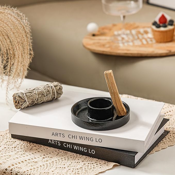 Sage Incense Holder, Ceramic Sage Holder for Burning, Sage Burner Holder for Smudge Sticks, Smudge Bowl for White Sage Bundle, Palo Santo Sticks, Yoga Meditation and Altar Decor (Sage Holder-Black)