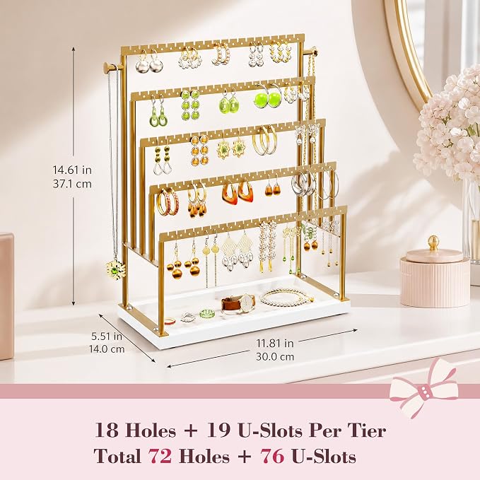 Large 5 Tier Earring Organizer and Holder, Gold | 100+ pair earring display, jewelry organizer stand, elegant gold finish, perfect for vanity décor and boutique displays