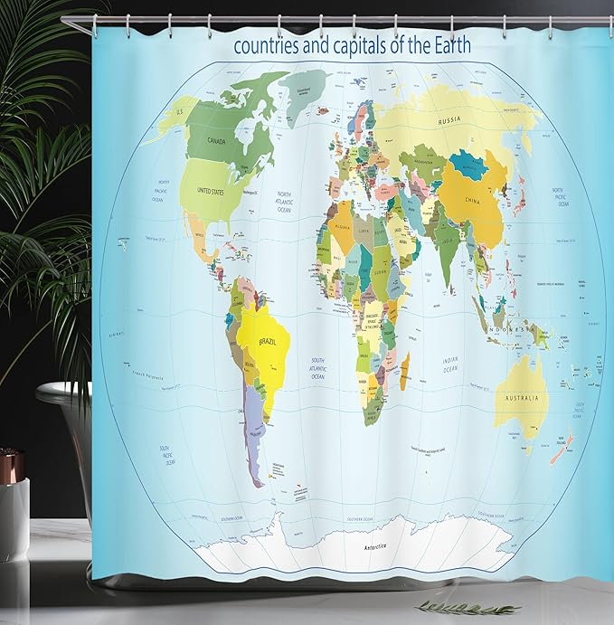 Ambesonne World Map Shower Curtain, World Map with Countries and Capital Cities Earth with Oceans Lakes Graphic Art, Cloth Fabric Bathroom Decor Set with Hooks, 69" W x 70" L, Pale Blue