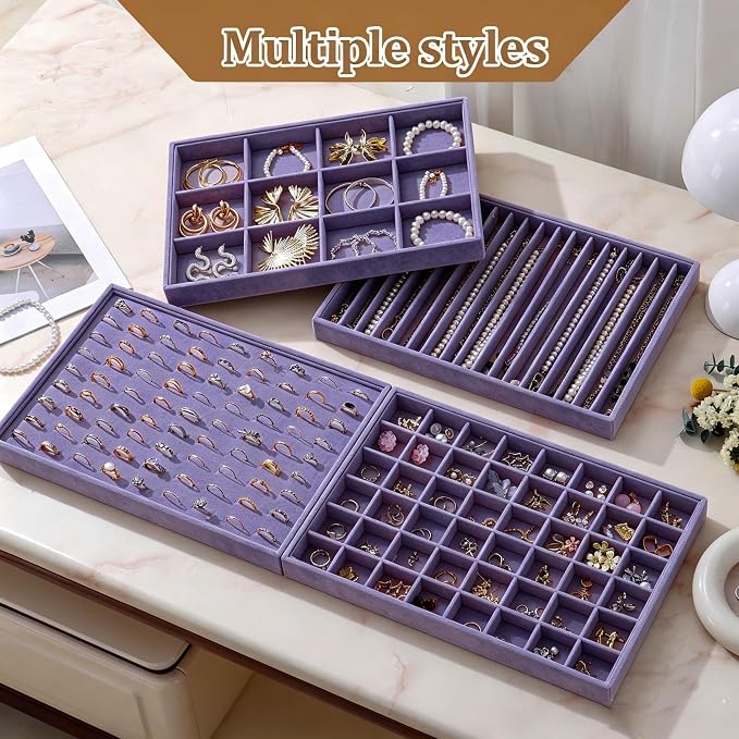 Large Velvet Jewelry Tray 2 Pack Stackable Jewelry Display Drawer Inserts Trays Organizer for Earring Bracelet Necklace Ring (Purple, Ring 81 Slots)