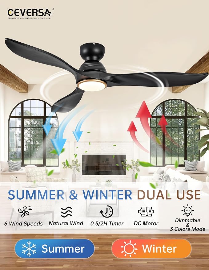 52 Inch Flush Mount Ceiling Fans with Lights and Remote,Black and Gold Low Profile Ceiling Fan with Light,Dimmable,Quiet Noiseless DC Motor for Patios,Living Room,Bedroom(Wall Control Switch)