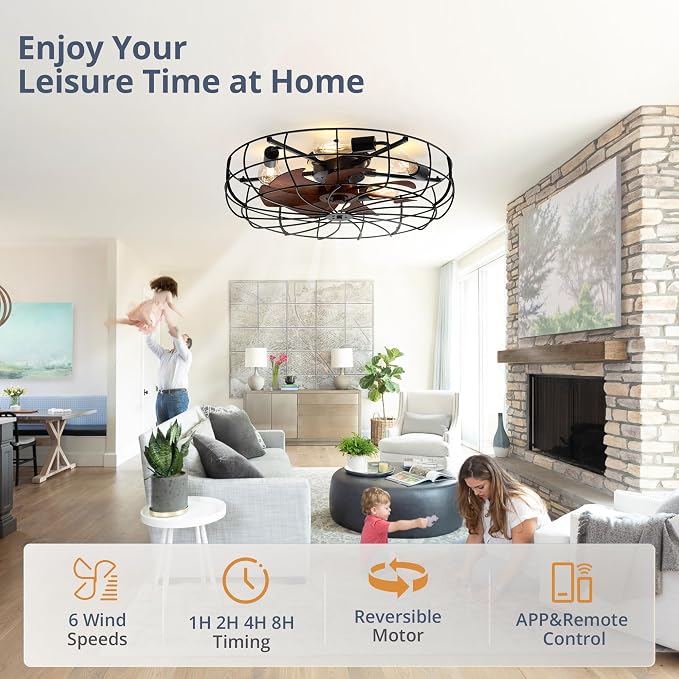 LEDIARY 26" Large Caged Ceiling Fans with Lights and Remote, Flush Mount Bladeless Low Profile, Farmhouse Industrial Enclosed Ceiling Fan for Bedroom, Kitchen, Indoor
