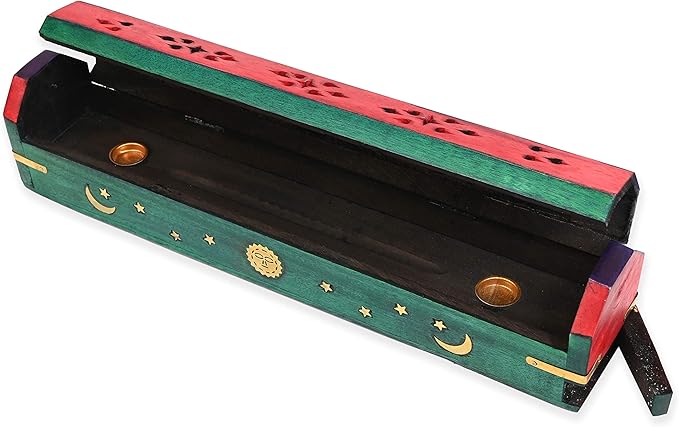 Incense Garden Pack of 2 Incense Stick Holder - Coffin Style - Wood Incense Stick Burner with Sun Moon Star Inlays Handmade with Brass Inlays (Multicolor)