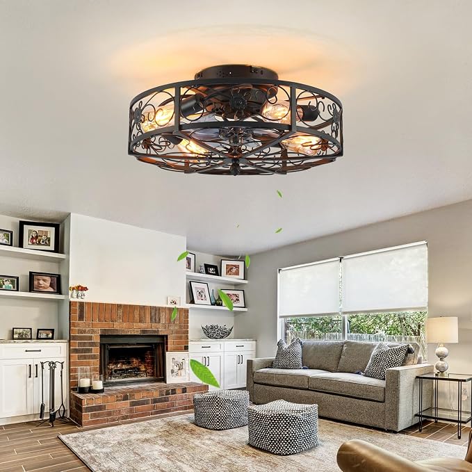 20'' Caged Ceiling Fan with Lights and Remote Control,Small Farmhouse Bladeless Low Profile Ceiling Fans Lights,Industrial Flush Mount Low Profile,Reversible Motor 6 Speeds for Bedroom,Living Room