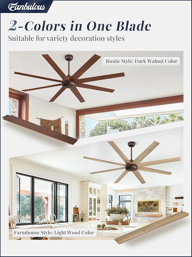 Fanbulous 72 Inch Ceiling Fans No Light with Remote, Walnut Indoor/Outdoor Ceiling Fan Without Light with Quiet Reversible DC Motor, 6 Speeds, 8 Blades Large Ceiling Fan for Living Room Bedroom Patio