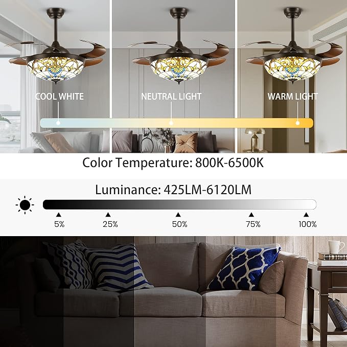42" Tiffany Ceiling Fans with Lights Stained Glass Ceiling Fan Retractable Chandelier Fan with Remote Control Dimmable with 4 Reverse Blades for Bedroom, Living and Dining Room