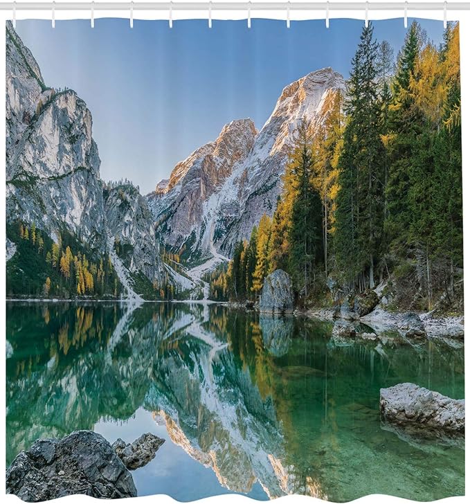 Ambesonne Nature Shower Curtain, Autumn Landscape with Faded Trees and Mountains Pure Reflection in Water Dream Photo, Cloth Fabric Bathroom Decor Set with Hooks, 69" W x 84" L, Green Grey
