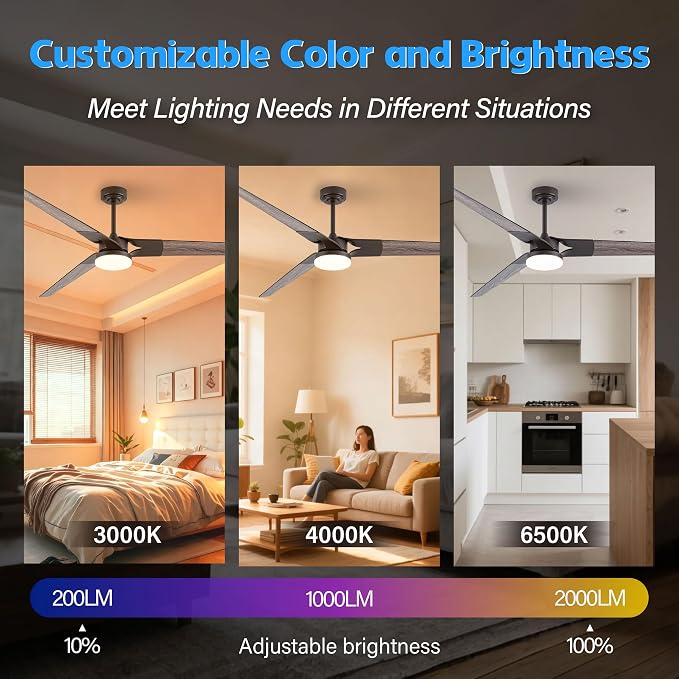 Ceiling Fan with Lights and Remote, 3 Blade App Control Timer Reversible Stepless Brightness and Color Temperature Outdoor Wood Ceiling Fan with Lights (Brown, 72 In'ch)