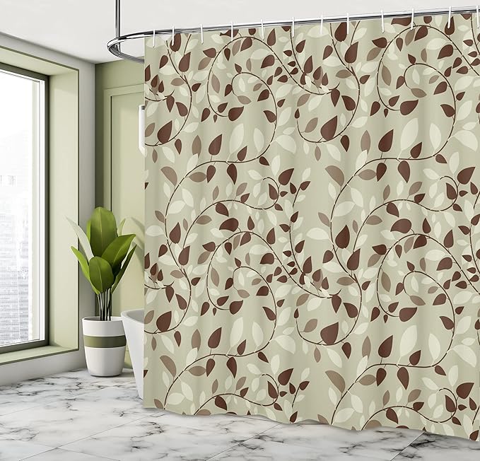 Ambesonne Leaf Shower Curtain, Pattern with Vines Leaves Nature Curvy Branches Plants Garden Floral Illustrated Art, Cloth Fabric Bathroom Decor Set with Hooks, 69" W x 75" L, Beige Brown
