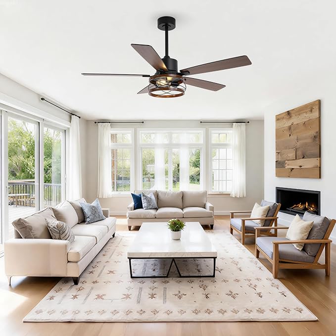 Qcyuui Farmhouse Ceiling Fan with Light 52 Inch Ceiling Fan with Light, Quiet 6-Speed Reversible DC Motor, Dual Finish 5 Blades, Rustic Caged Fandelier Ceiling Fan with Light for Living Room