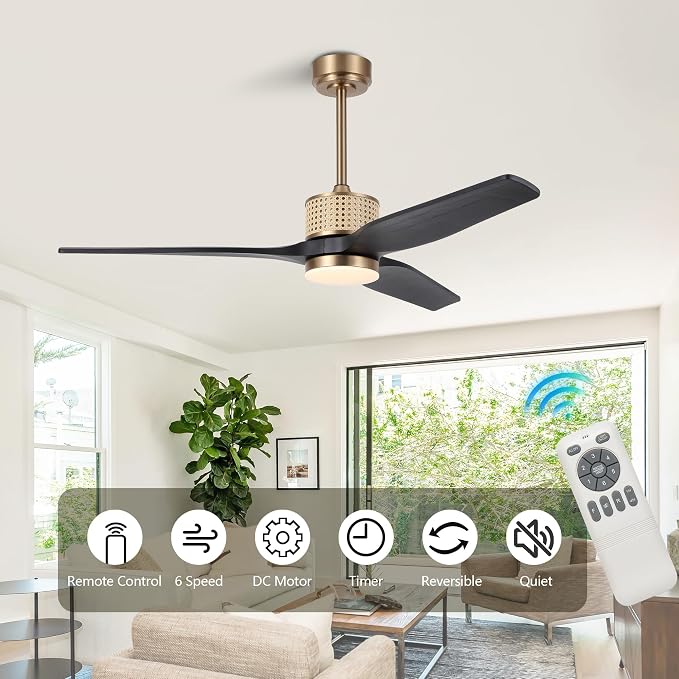 LEDLUX 52" Ceiling Fan with Light – Remote Control, Solid Wood, Quiet Reversible DC Motor, Black/Gold Finish, Includes 4.5"/12" Downrods, Noiseless Ceiling Fan for Bedroom, Living Room, Porch