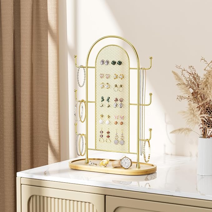bussdis Jewelry Holder Organizer Earring Display - Earring Storage Tree Stands Towers With 6 Hooks 300 Studs Wood Tray Gold Metal Rack