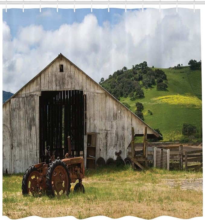 Ambesonne Rustic Shower Curtain, Old Wooden Barn with Rusted Tractor Hillside Enclosed with Wooden Fence and Trees, Cloth Fabric Bathroom Decor Set with Hooks, 69" W x 70" L, White Green