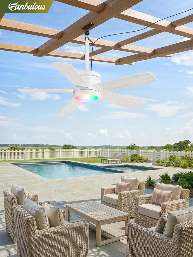 Fanbulous 42" Outdoor Ceiling Fans with Lights, APP Remote Control, IP65 Waterproof, RGB Dimmable Light, Plug in with 10FT Cord, 6-Speeds, 3CCT, Hook Hanging Fan for Gazebo Patio Porch Canopy(White)
