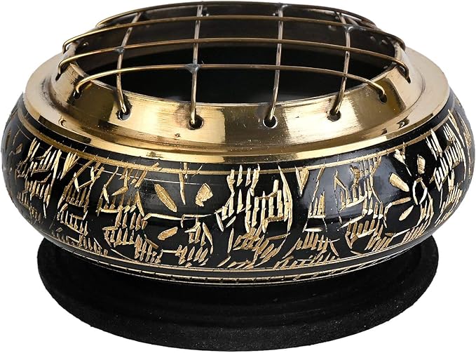 Incense Garden Decorated Brass Black Charcoal Screen Incense Burner - 2.75" Tall - Coaster Included
