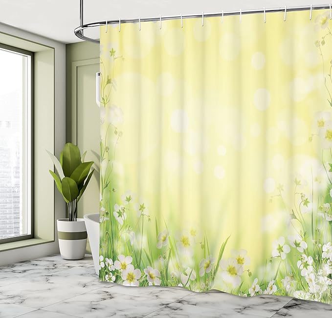 Ambesonne Flower Shower Curtain, Flowering Field with Fresh Grass Soft Springtime Pale Colored Blurred Image, Cloth Fabric Bathroom Decor Set with Hooks, 69" W x 75" L, Yellow Green