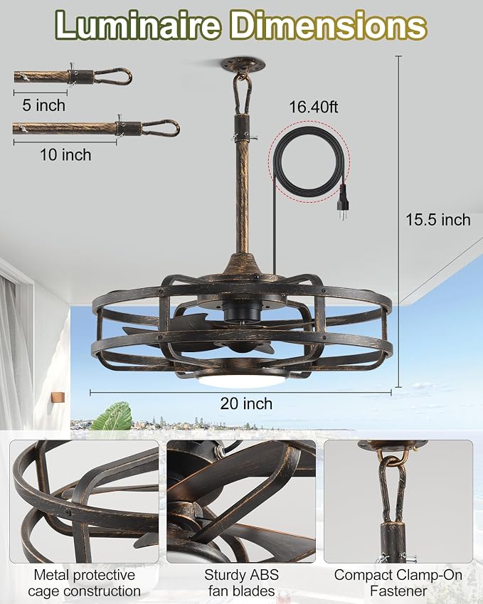 20" Outdoor Ceiling Fan with Light – Waterproof Plug-In Smart Fan for Porch, Pergola & Gazebo, 4CCT Color Adjustable, Alexa & Google Compatible, Caged Design, Brushed Gold Finish