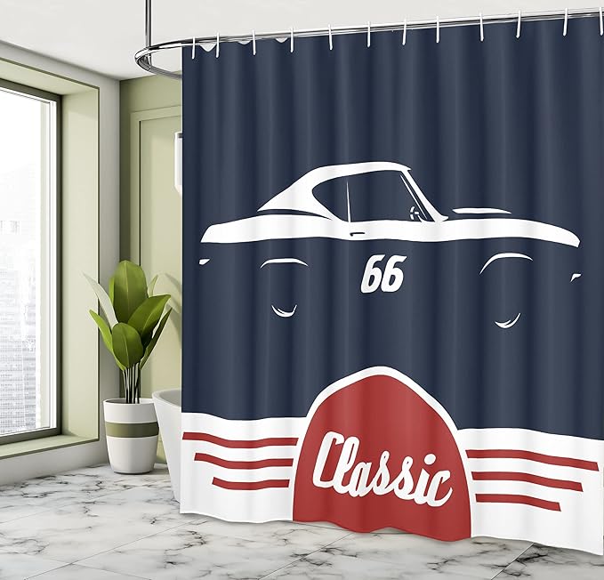 Ambesonne Man Cave Shower Curtain, Classic Vintage Sports Car Muscle Vehicle Silhouette Old Fashioned Style, Cloth Fabric Bathroom Decor Set with Hooks, 69" W x 75" L, Dark Blue
