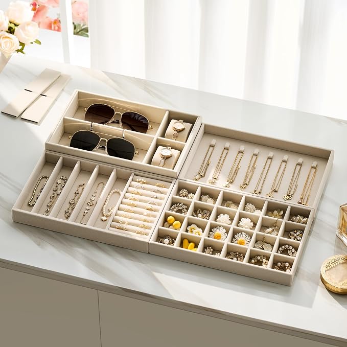 Velvet Jewelry Drawer Organizer Trays – Large Beige Stackable Jewelry Storage Inserts Set, 4-Layer Jewelry Tray Set for Earrings, Rings, Necklaces, Bracelets with Removable Dividers for Dresser,Vanity