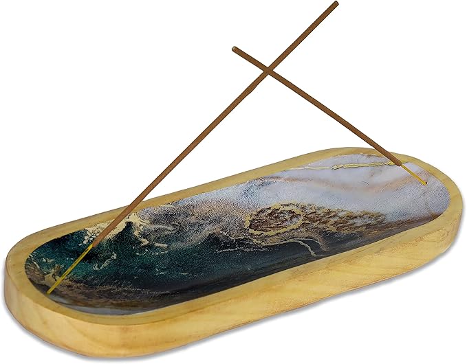 Bless-International Traditional-Handmade-Tray-Burner Wooden-Trat-Incense-Stick-Holder Ash-Catcher-Stand for-Aromatherapy-Meditation-Yoga (Green White Agate, 11x4x1.22 Inches)