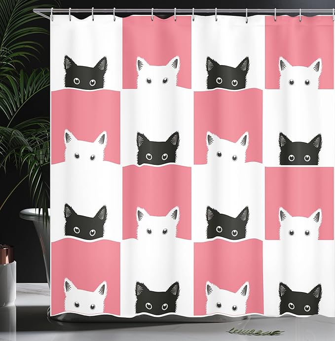 Ambesonne Cats Shower Curtain, Chess Board Design with Kittens Feline Kitty Animals Pets Retro Mosaic, Cloth Fabric Bathroom Decor Set with Hooks, 69" W x 70" L, White Black Pink