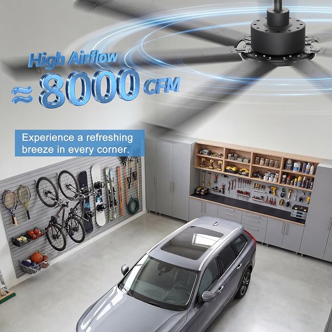 Ohniyou 72'' Industrial Ceiling Fan No Light for Patio, Garage, Black | 8000 CFM Airflow, 35dB DC Motor, 7 Aluminum Blades, Remote/APP Control, Covered Outdoor Metal Fan