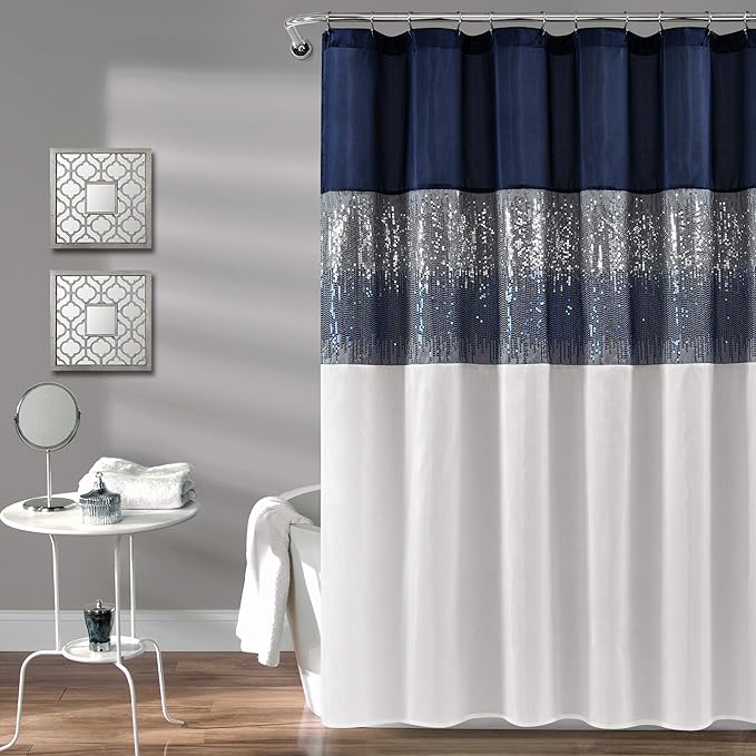 Lush Decor Night Sky Shower Curtain, Single, 72" W x 78" L, Navy & White - Sequin Shower Curtain - Sparkly Color Block Bath Curtain - Modern Glam Bathroom Decor - Extra Long Shower Curtain