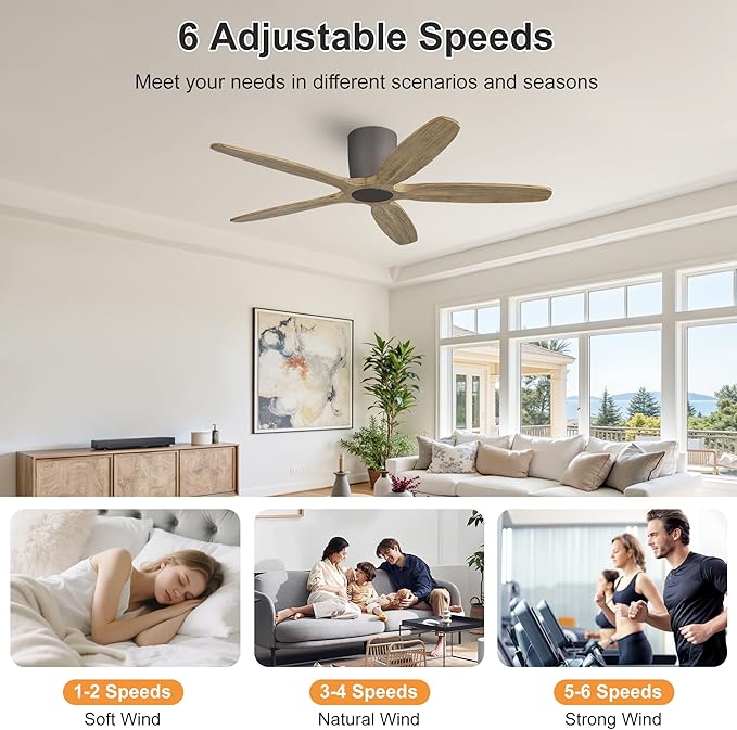 WINGBO 54" Flush Mount Ceiling Fan No Light - 5 Carved Solid Wood Blades, 6-Speed Reversible DC Motor, Dimmable, 3CCT, Low Profile Ceiling Fans without Lights for Bedroom Living Room, Charcoal Gray