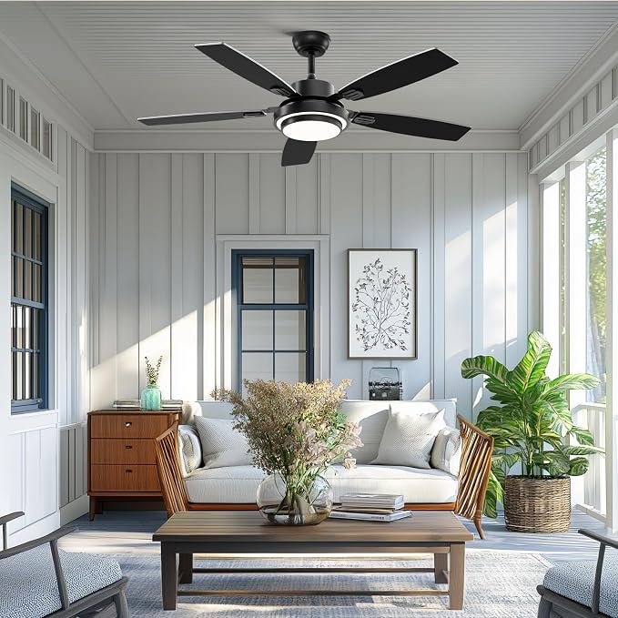 Ceiling Fans with Lights and Remote Control, 52 Inch Black Ceiling Fan for Bedroom Living Room and Patio, Medium Modern Black Ceiling Fan for Indoor and Outdoor