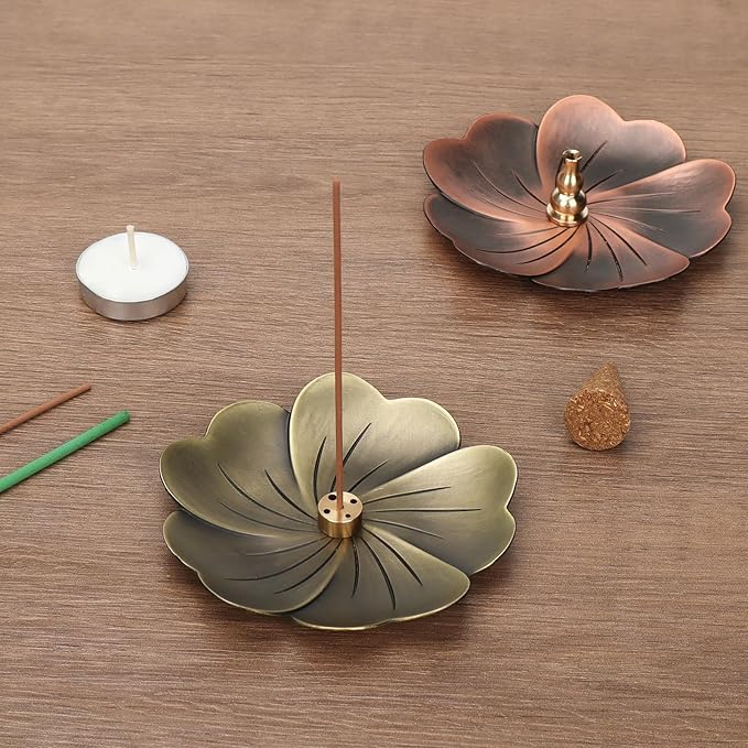 2-Pack Brass Incense Holders for Sticks Cones Tea Light Candle Incense Burner Holder with Ash Catcher Retro Incense Burner Tray for Home Cleansing Meditation