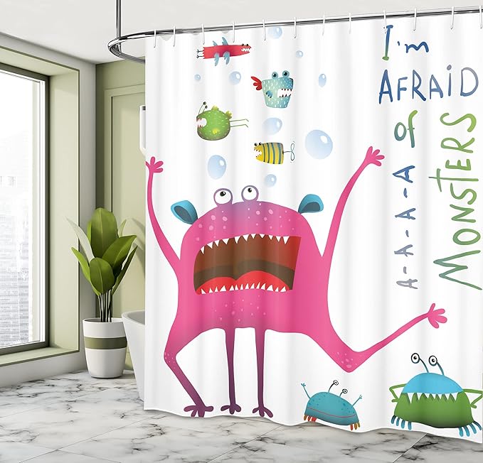 Ambesonne Funny Shower Curtain, Underwater Beast Creature Fun Monster Fish Im Afraid of Monsters Words, Cloth Fabric Bathroom Decor Set with Hooks, 69" W x 75" L, Green Pink