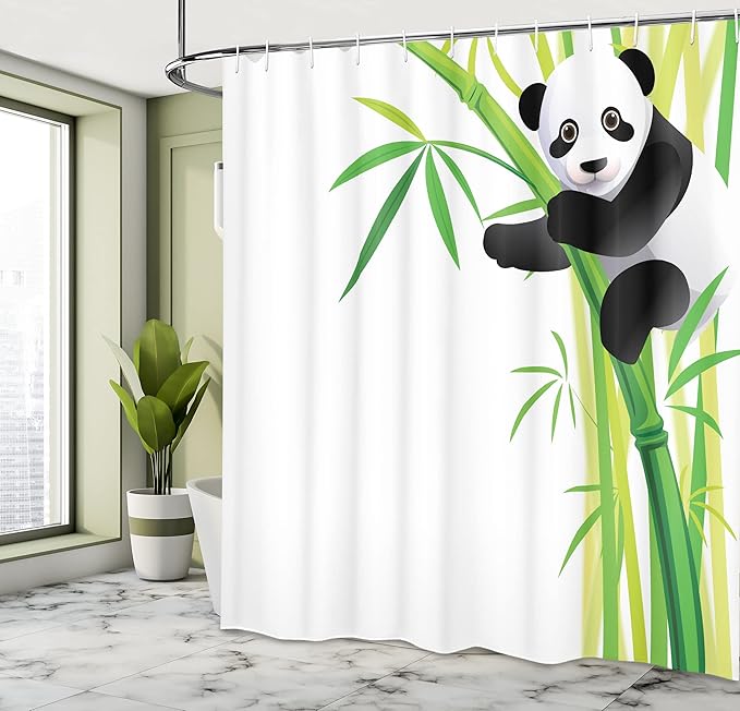 Ambesonne Panda Shower Curtain, Young Panda Hang on Exotic Tree Forest Wild Nature Tropic Themed Cartoon, Cloth Fabric Bathroom Decor Set with Hooks, 69" W x 70" L, White Black and Green