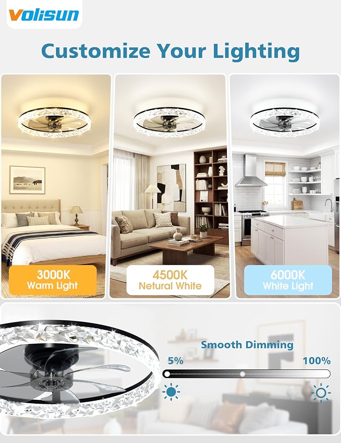 VOLISUN Low Profile Ceiling Fan with Lights and Remote, No Assembly, 24in Modern Ceiling Fans Flush Mount, 3000K-6500K Dimmable Bladeless LED Fan Light, Black Fandelier Ceiling Fans for Bedroom
