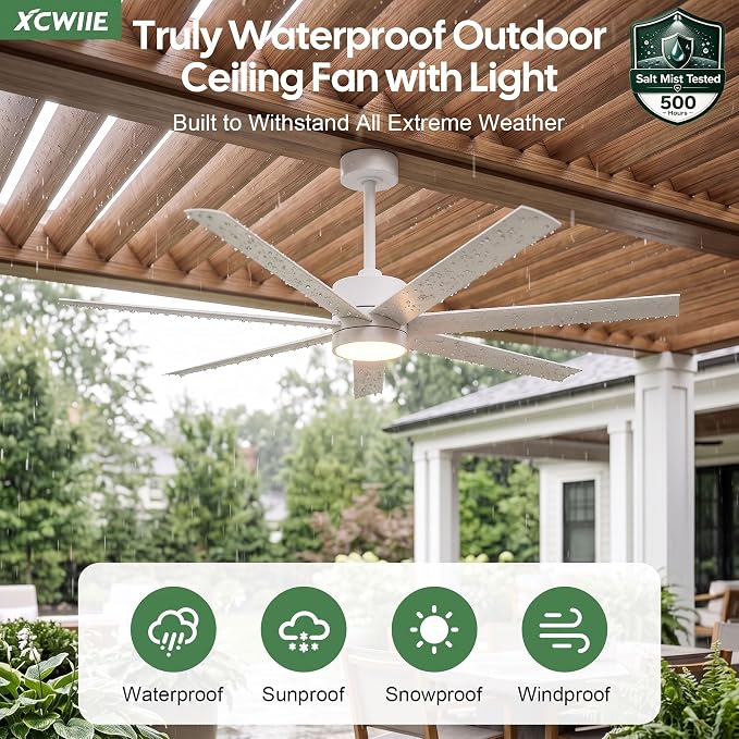 56 Inch Waterproof Outdoor Ceiling Fan with Light, Wet-Rated White Outdoor Ceiling Fans, All-Weather 7 UV-Proof Blades, High CFM Quiet DC Motor, for Exterior Patis, Porch, Terraces, Gazebo
