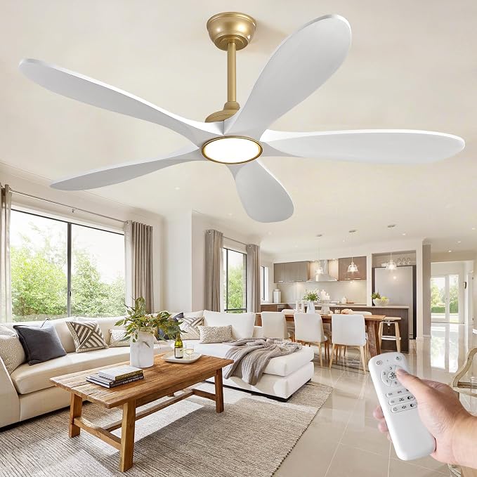 52 Inch White and Gold Ceiling Fans with Lights and Remote Control, Modern 3 Blade Wood Ceiling Fan, Small Indoor Ceiling Fan with Light for Living Room, Quiet DC Motor, Dimmable LED Light