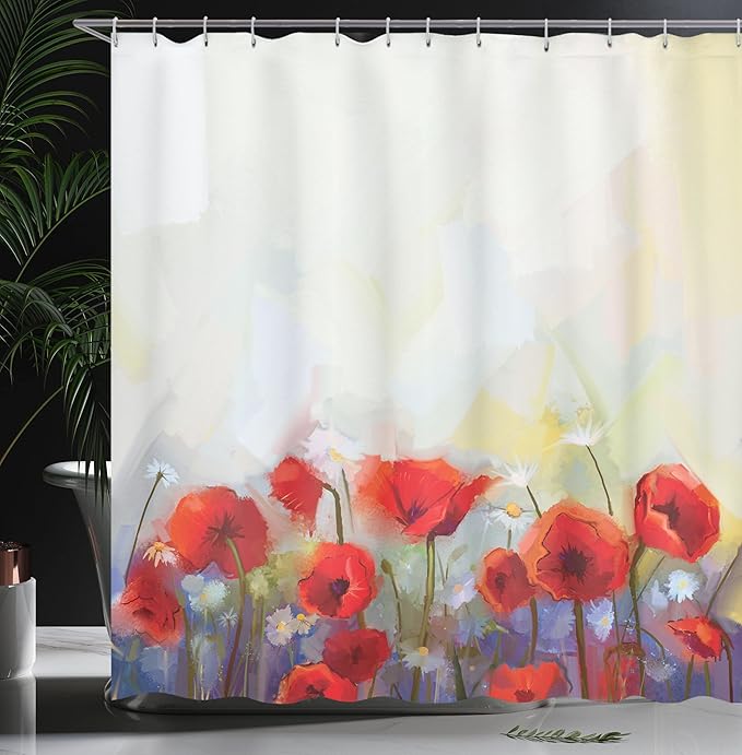 Ambesonne Watercolor Flower Shower Curtain, Poppies in Spring Meadow with Wildflowers Color Painting, Cloth Fabric Bathroom Decor Set with Hooks, 69" W x 75" L, Yellow Scarlet