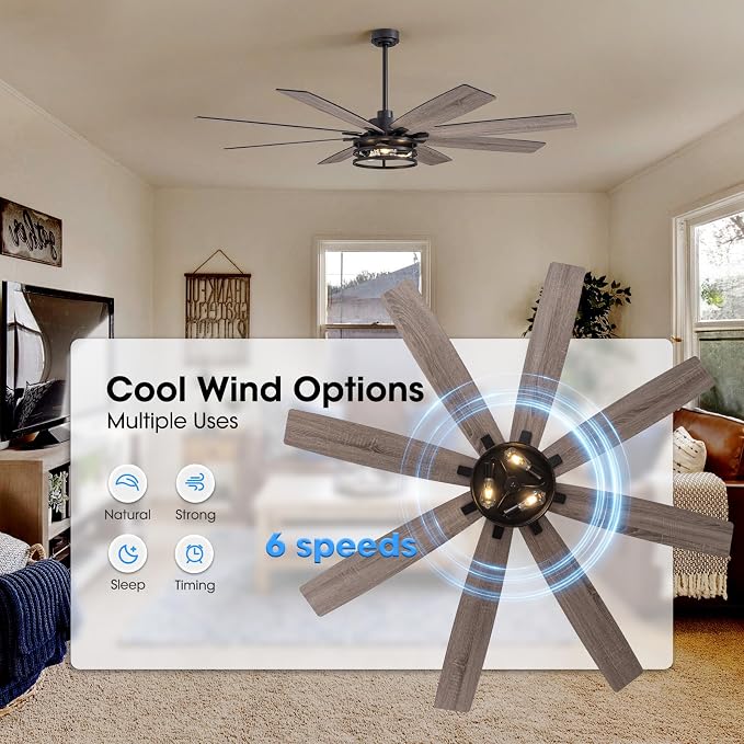 LuminFan 72 inch Large Ceiling Fans with Lights and Remote, Black Modern Ceiling Fan for Living Room, Patios, 6 Speed Reversible Quiet DC Motor, 8 Blades, Easy to Install