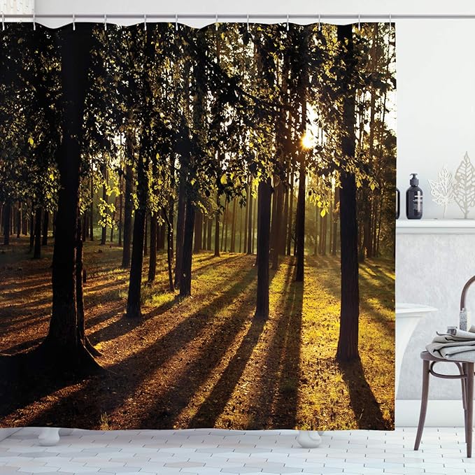 Ambesonne Forest Shower Curtain, Sunbeams Rays Through The Trees in Summertime Forest Countryside View Art Print, Cloth Fabric Bathroom Decor Set with Hooks, 69" W x 84" L, Orange Brown